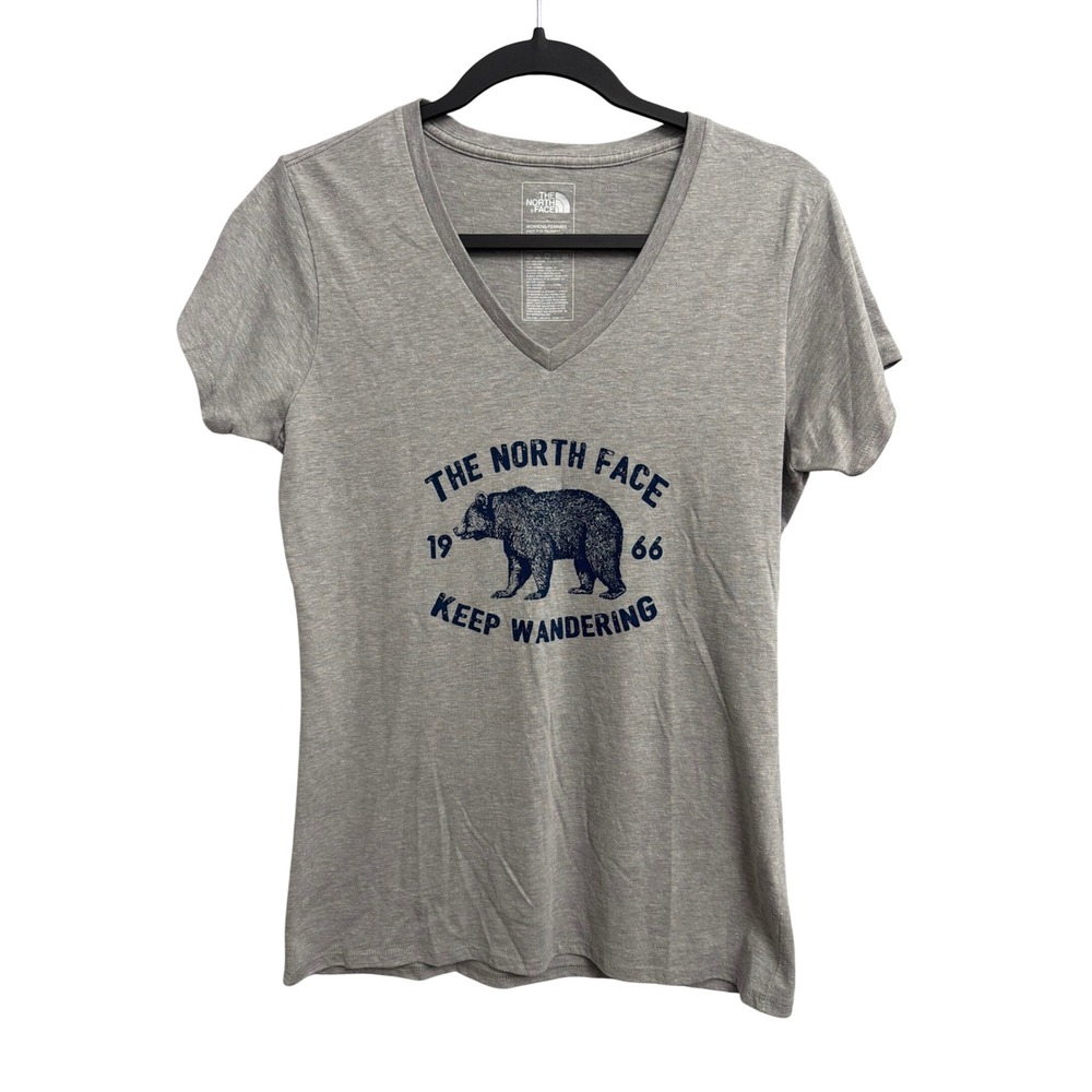 The North Face Womens Gray Keep Wandering Bear Graphic V-Neck T-Shirt Medium